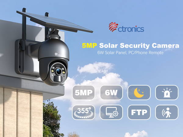 Ctronics 5MP Solar Security Camera Outdoor Wireless, 6W Solar Panel, S